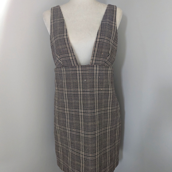 Zara Dress Brown Tan Plaid Pinafore Jumper Mini Dress Sequin Detail Size Medium - Picture 4 of 12
